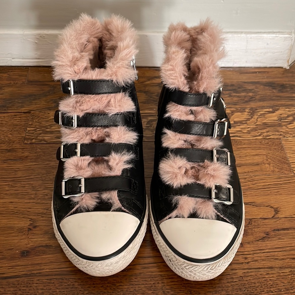 ASH Valant Pink Faux Fur Trim Leather High-Top Sneakers
